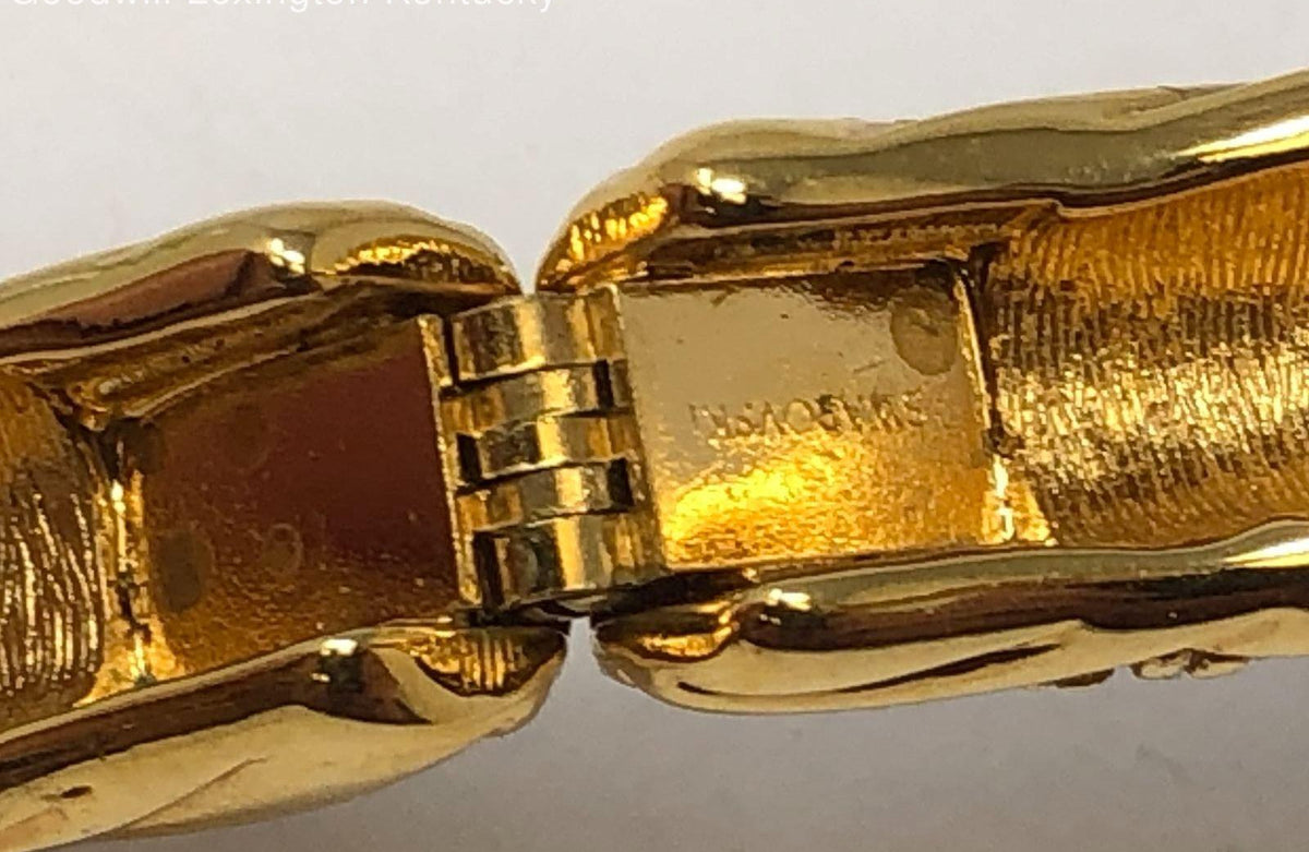 Signed Swarovski gold-tone hinged crossover bangle with rows of clear crystals, view 6