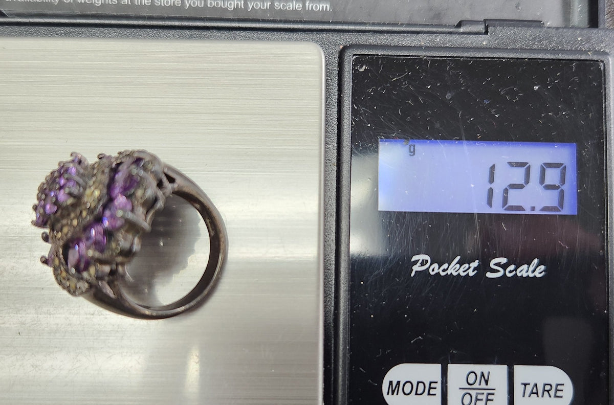 Sterling silver cocktail ring stamped 925 with purple stones and marcasite accents, view 9