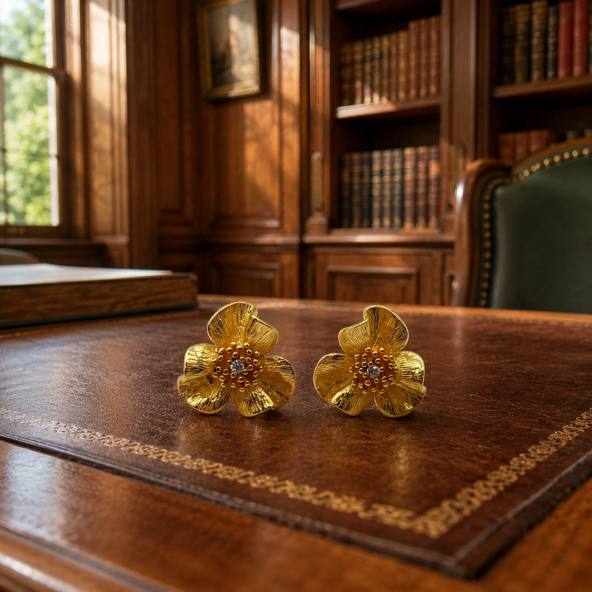 Gold-plated flower stud post earrings with glass stones
