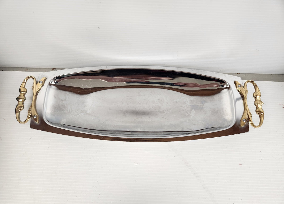 (Need Hero Pics) Vintage Kromex Aluminum Serving Tray Gold-Tone Handles Mid-Century USA