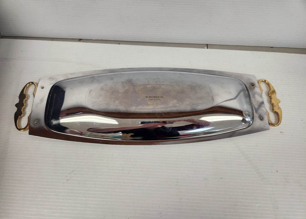 (Need Hero Pics) Vintage Kromex Aluminum Serving Tray Gold-Tone Handles Mid-Century USA