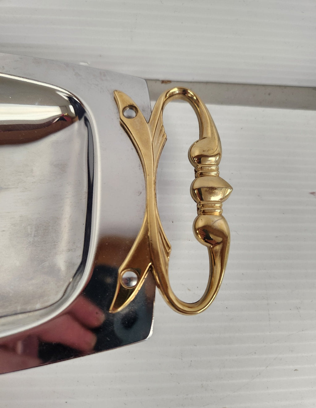 (Need Hero Pics) Vintage Kromex Aluminum Serving Tray Gold-Tone Handles Mid-Century USA