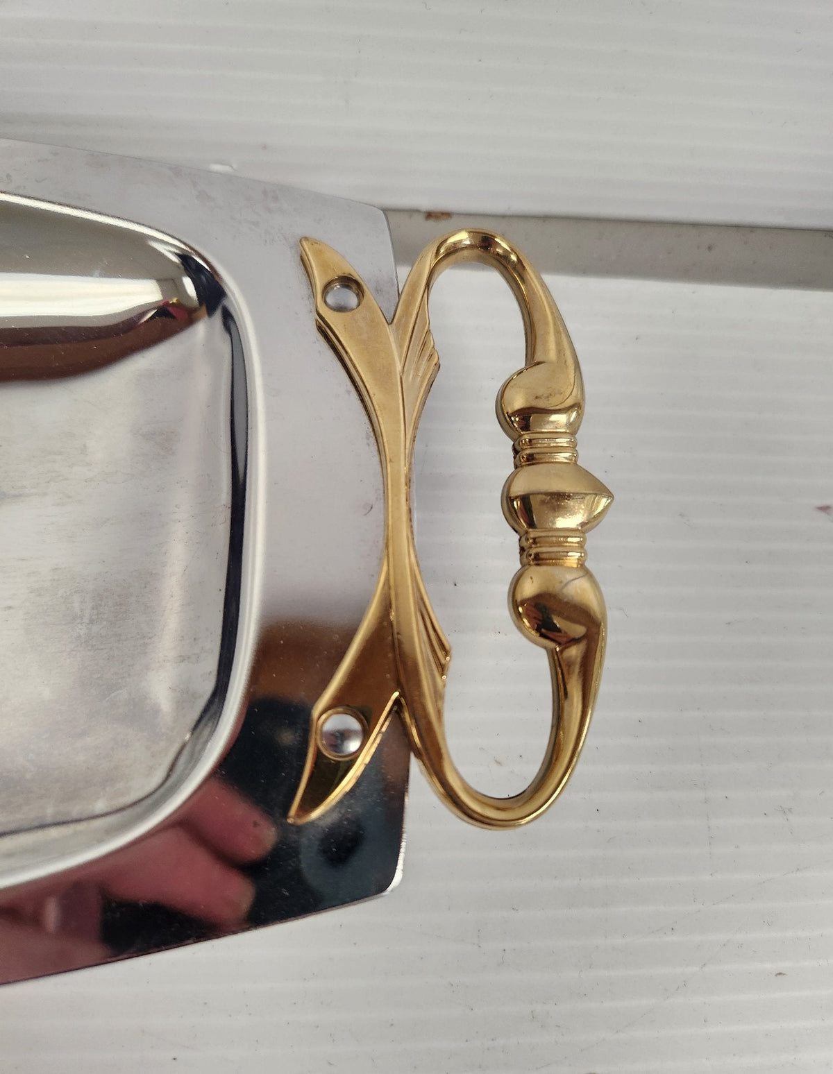 (Need Hero Pics) Vintage Kromex Aluminum Serving Tray Gold-Tone Handles Mid-Century USA