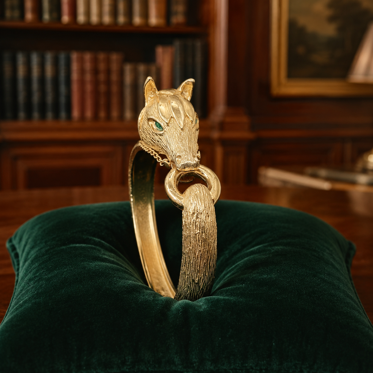 Gold Tone Horse Head Bypass Bangle Bracelet Green Eyes