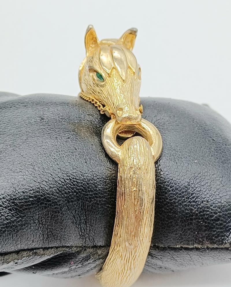 Gold Tone Horse Head Bypass Bangle Bracelet Green Eyes
