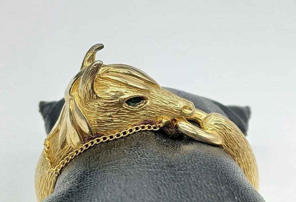 Gold Tone Horse Head Bypass Bangle Bracelet Green Eyes