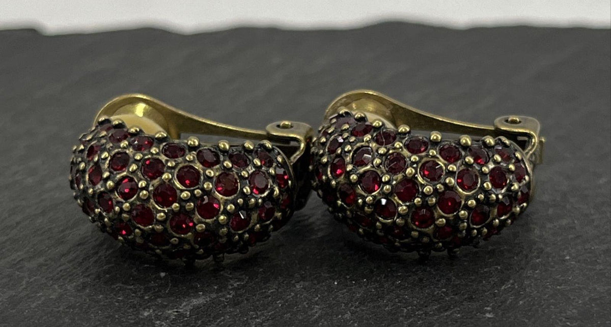 Heidi Daus gold-tone half-hoop clip-on earrings pavé-set with deep red rhinestones, view 3