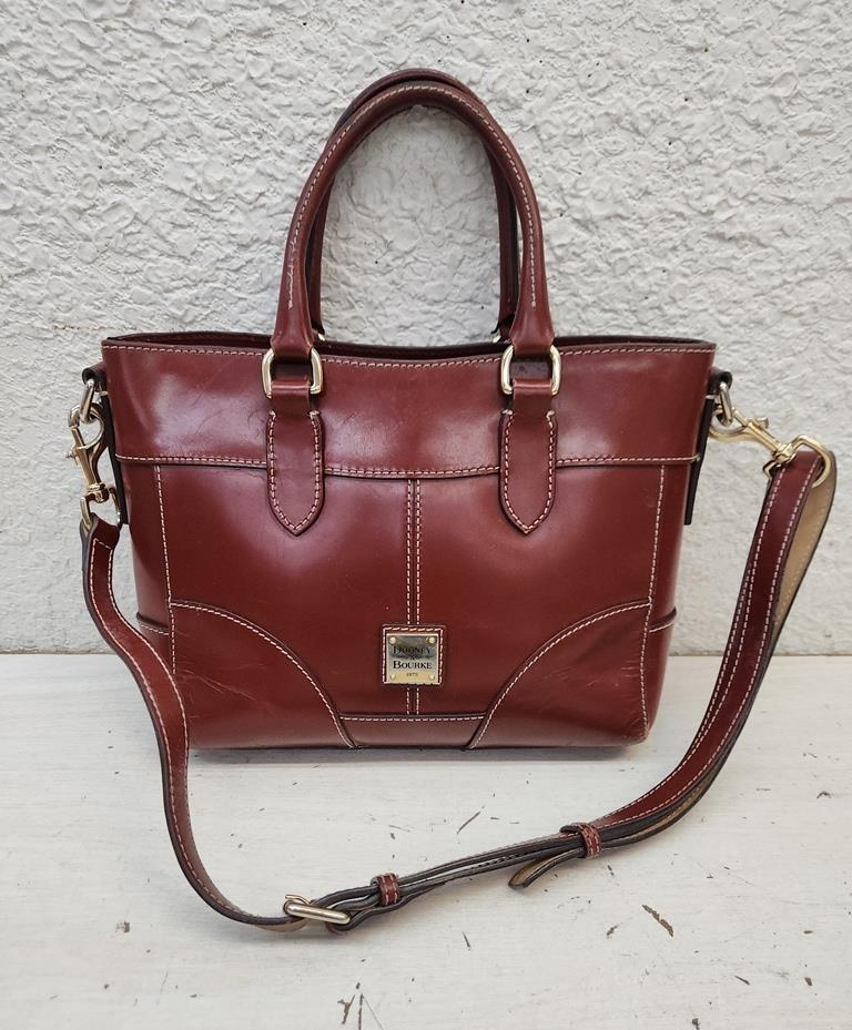 Dooney & Bourke reddish brown smooth leather satchel with rolled handles and crossbody strap, view 2