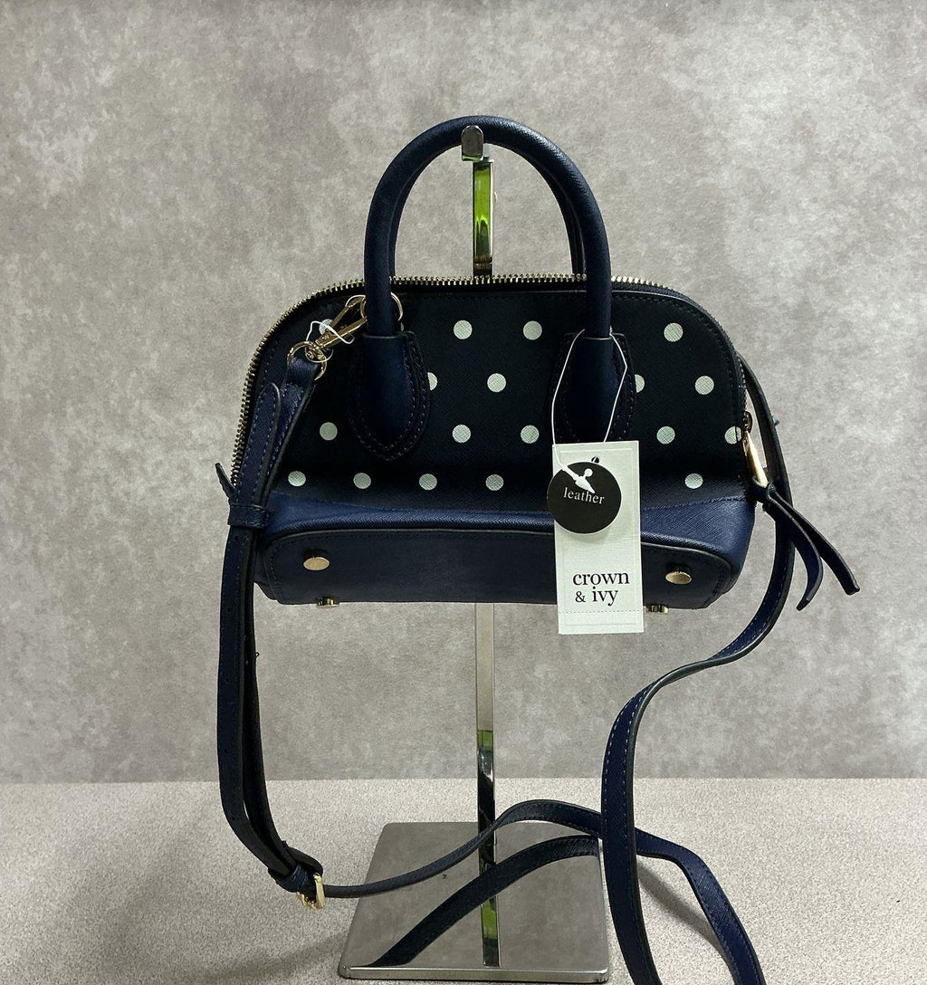 Crown & Ivy Navy Blue White Polka Dot Leather Satchel Crossbody Bag