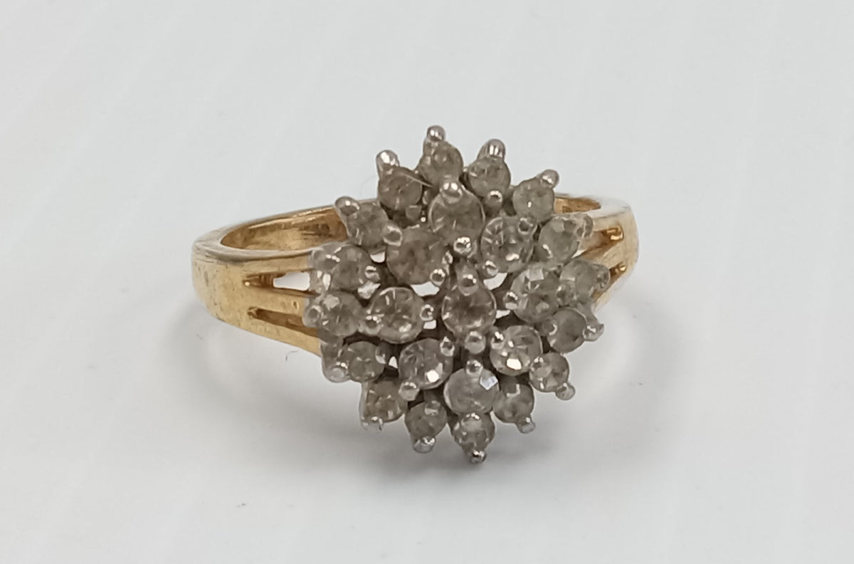 Gold-tone cocktail ring marked 18KGE with clear stone cluster top, view 2