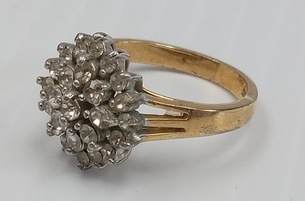 Gold-tone cocktail ring marked 18KGE with clear stone cluster top, view 3