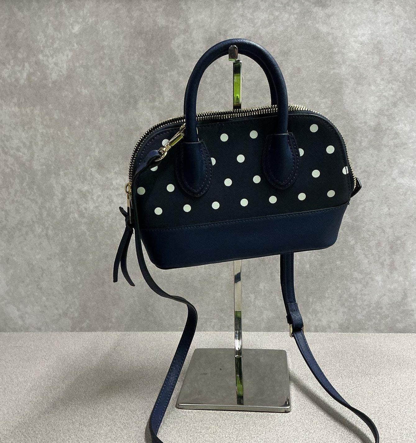 Crown & Ivy Navy Blue White Polka Dot Leather Satchel Crossbody Bag