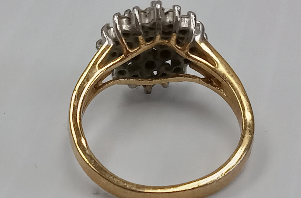 Gold-tone cocktail ring marked 18KGE with clear stone cluster top, view 4
