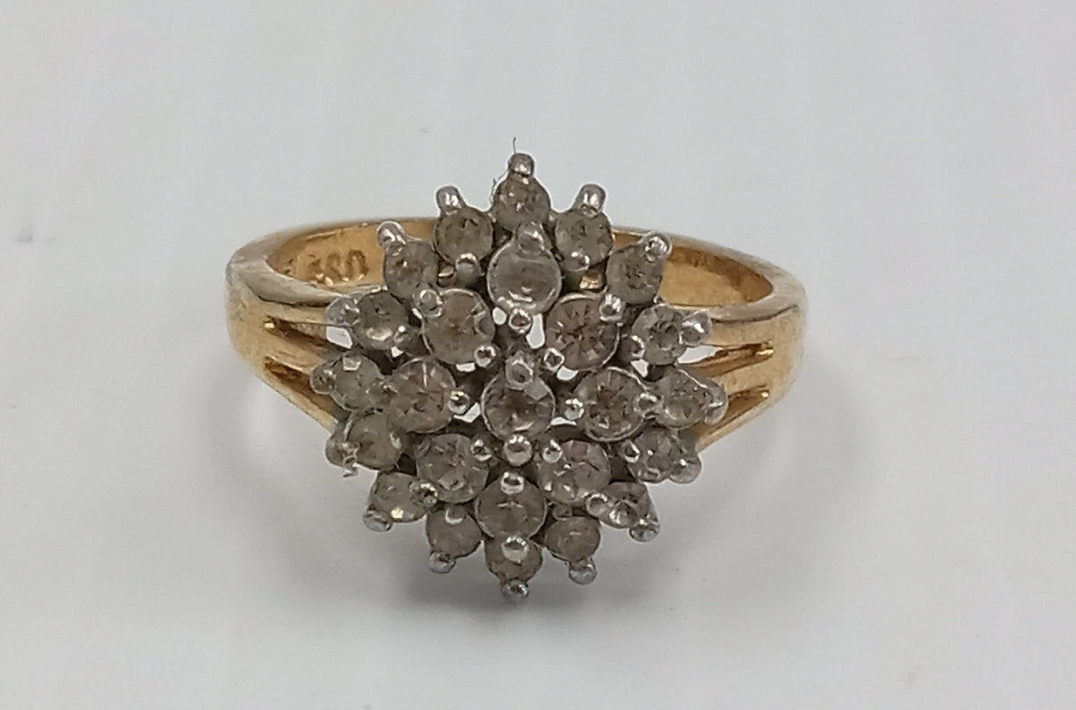 Gold-tone cocktail ring marked 18KGE with clear stone cluster top, view 6