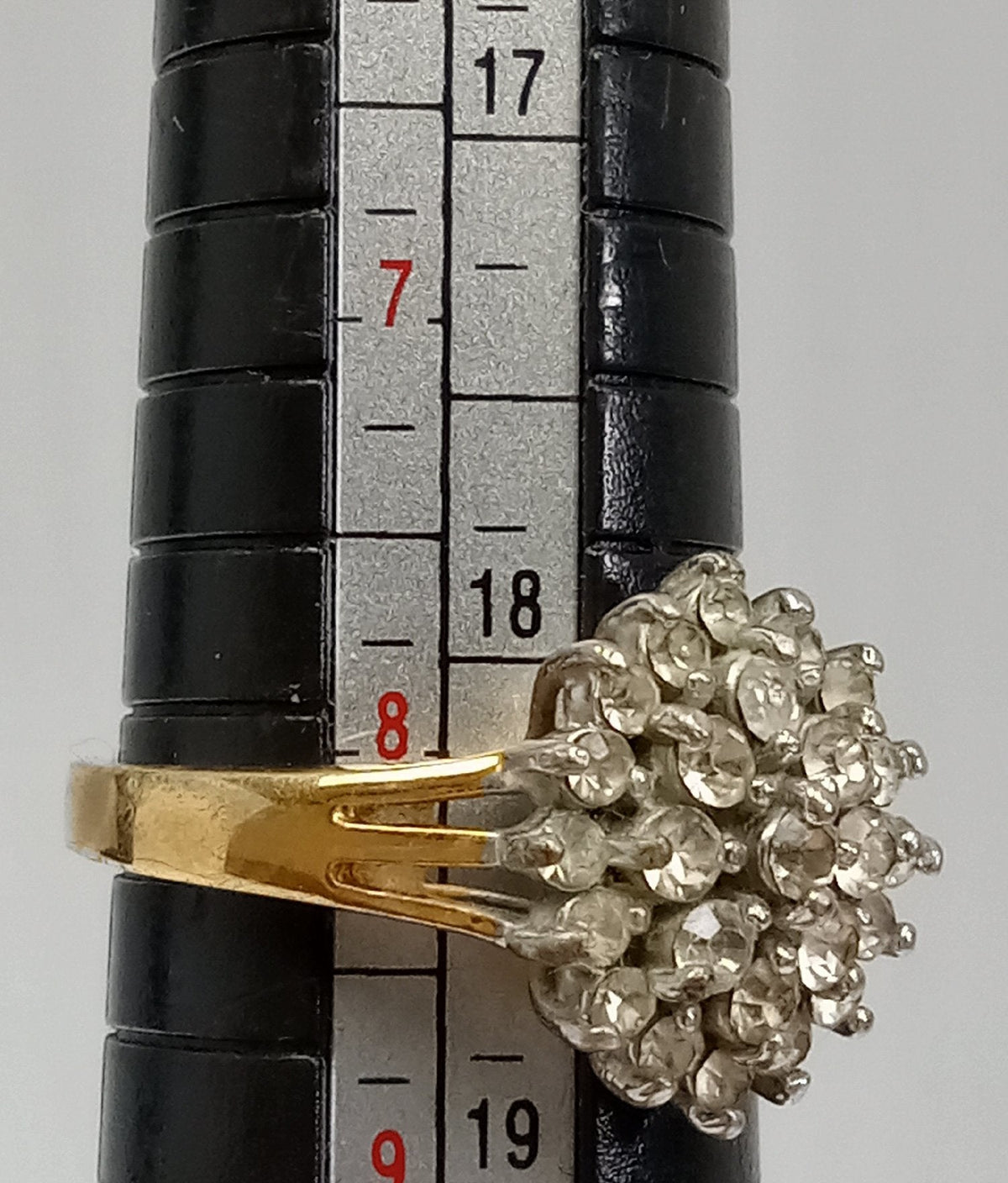 Gold-tone cocktail ring marked 18KGE with clear stone cluster top, view 7