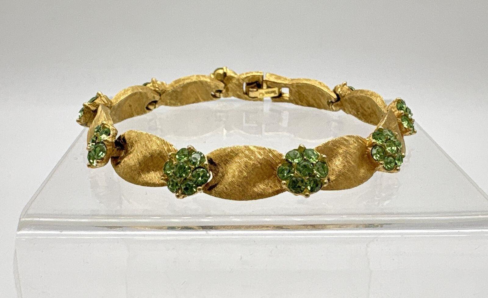 Crown Trifari Birthday Ribbon Gold Tone Green Rhinestone Bracelet