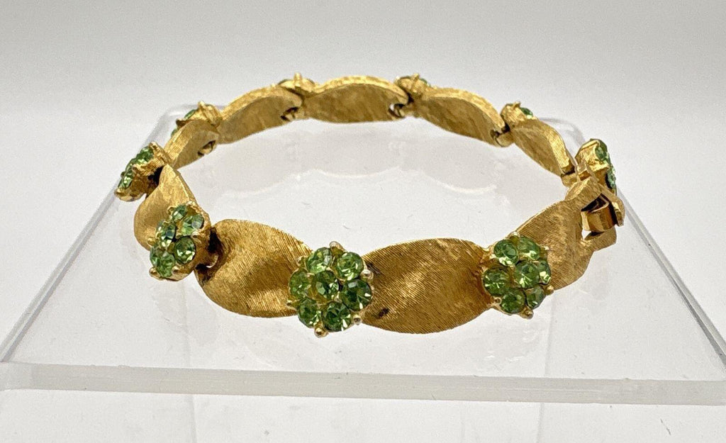 Crown Trifari Birthday Ribbon Gold Tone Green Rhinestone Bracelet