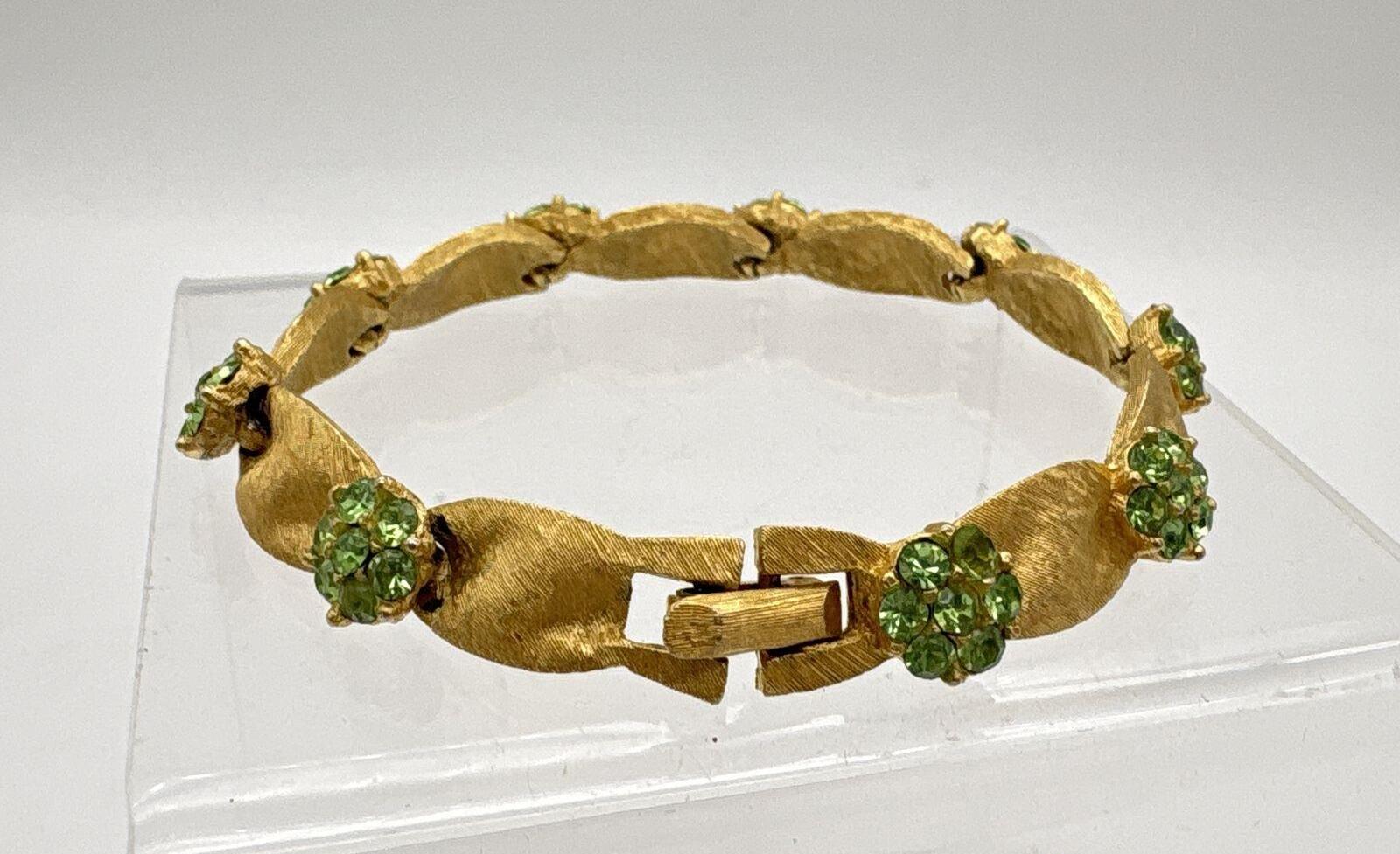 Crown Trifari Birthday Ribbon Gold Tone Green Rhinestone Bracelet