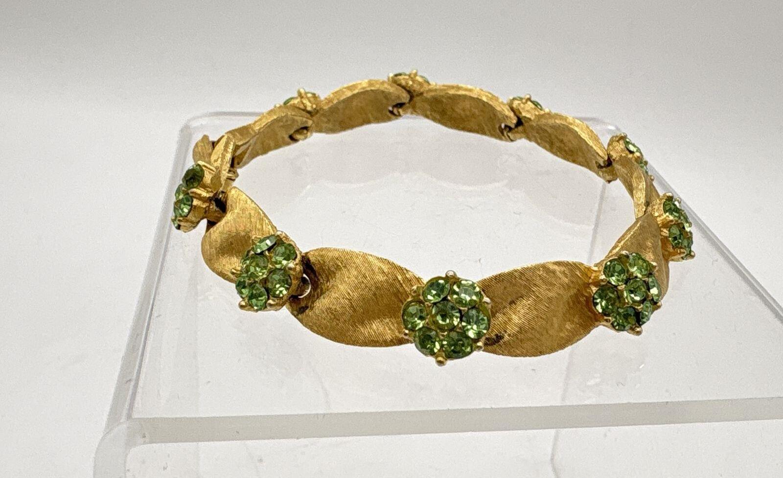 Crown Trifari Birthday Ribbon Gold Tone Green Rhinestone Bracelet