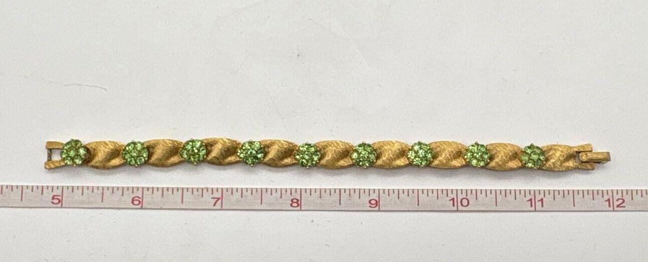 Crown Trifari Birthday Ribbon Gold Tone Green Rhinestone Bracelet