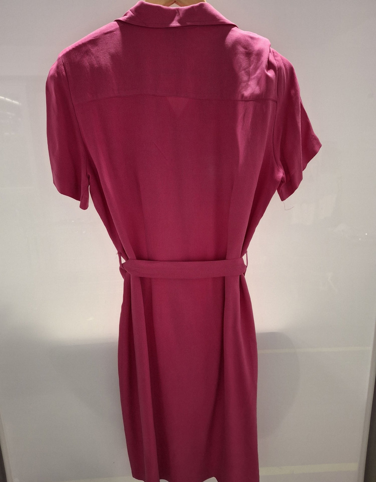 Robbie Bee hot pink silk blend shirt dress with self-tie belt, view 3