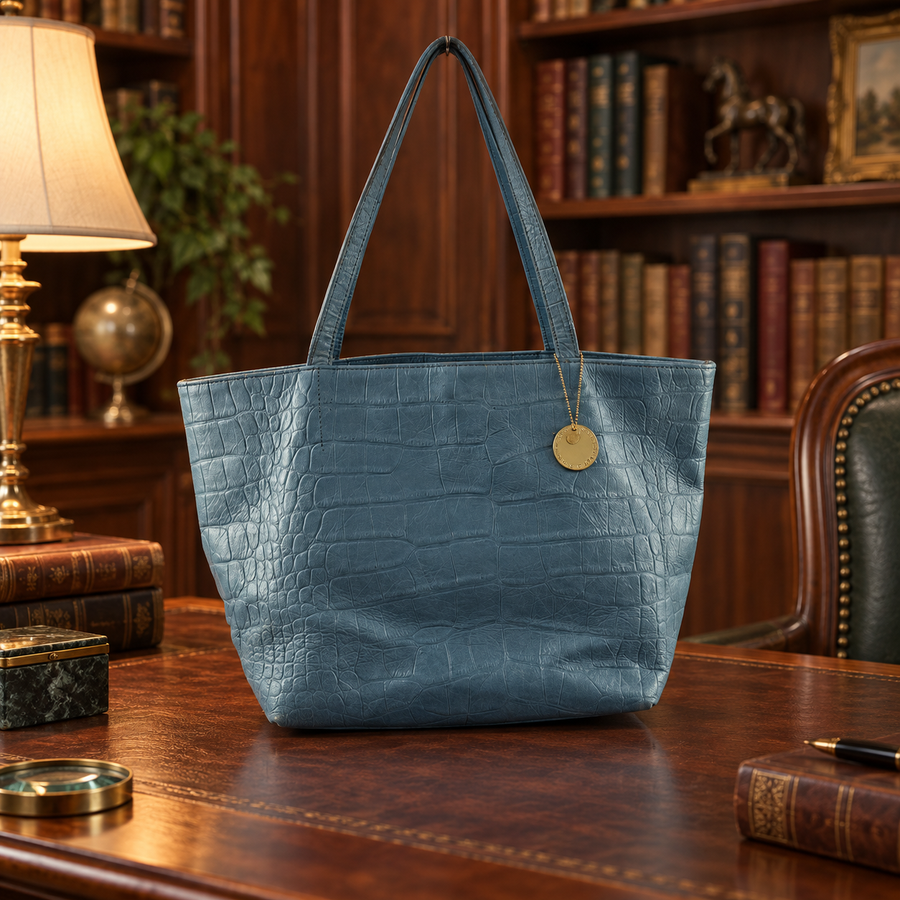 Bardot Rosefe slate blue croc-embossed leather tote with gold-tone disc charm