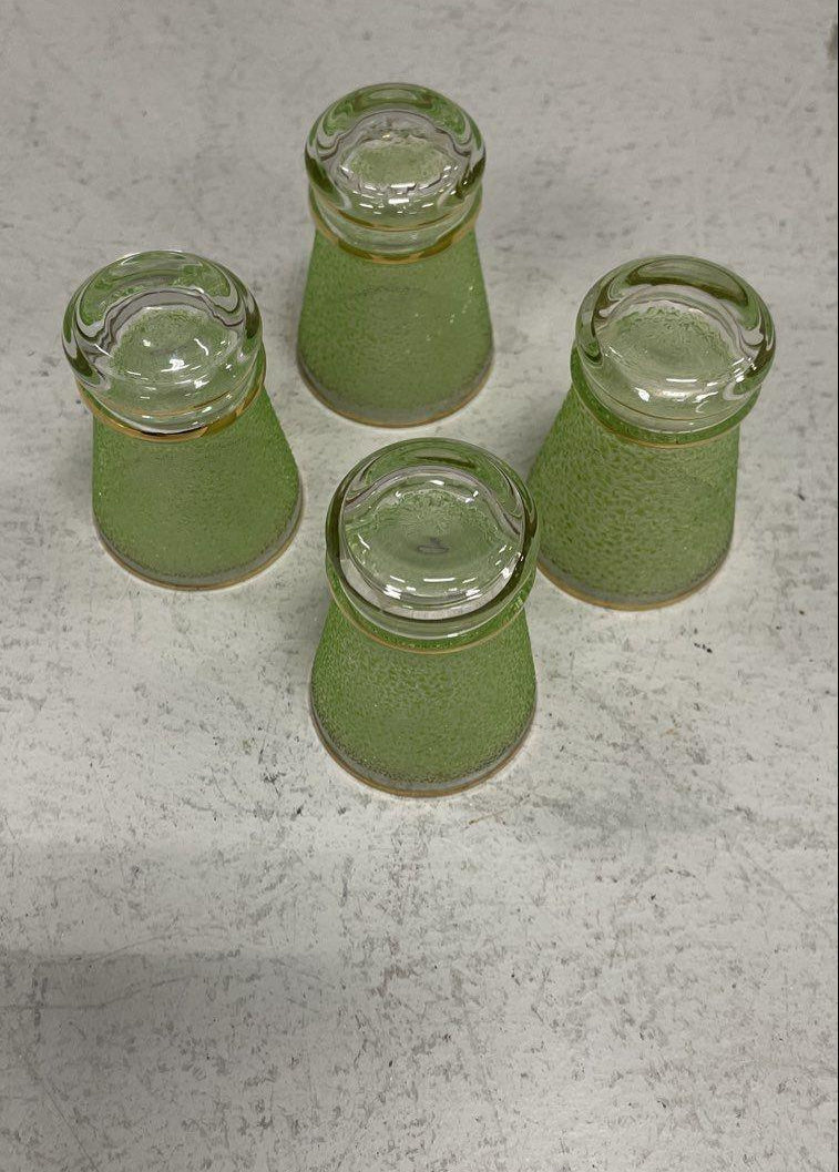 Green frosted glass decanter with spiral neck, gold trim and four small glasses, view 6