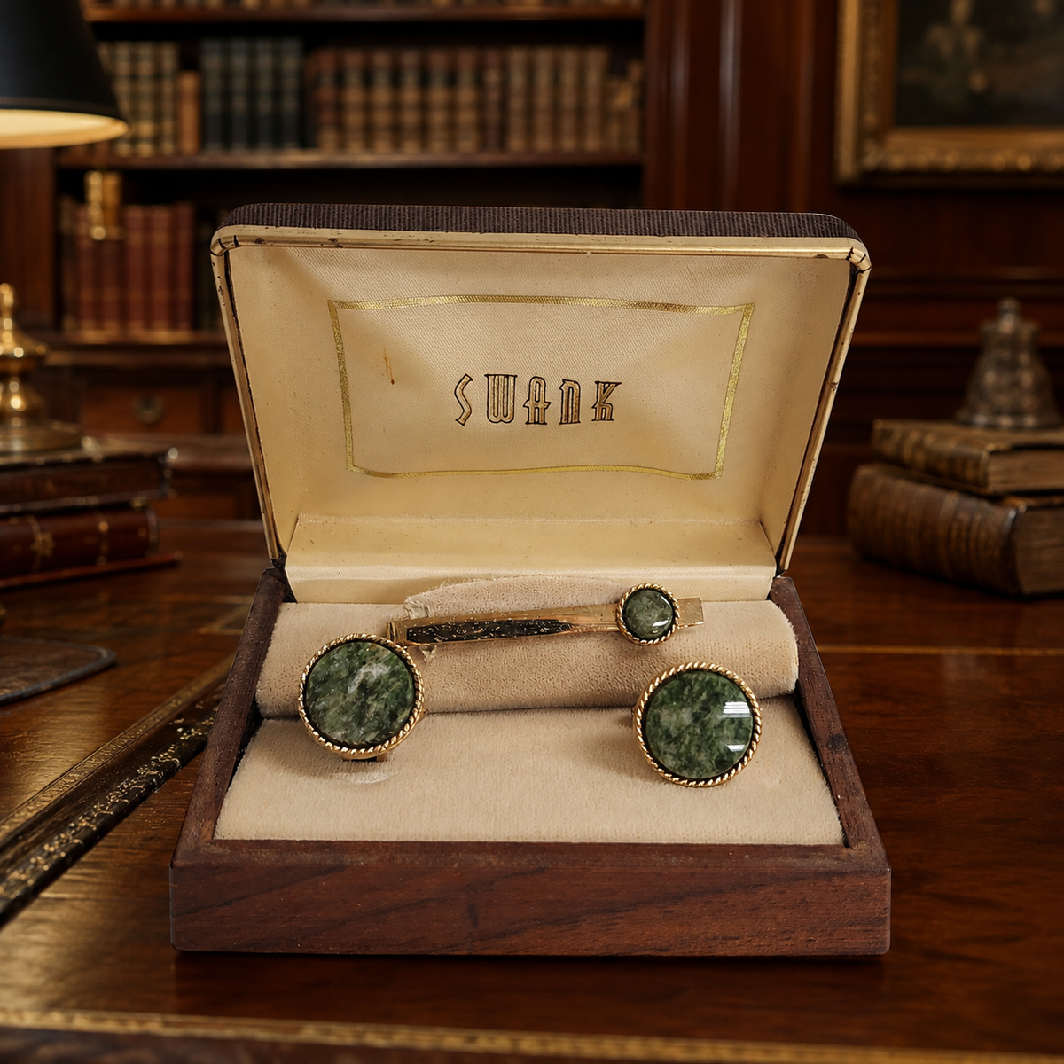 Swank Genuine Jade Cufflinks and Tie Bar Set Gold Tone