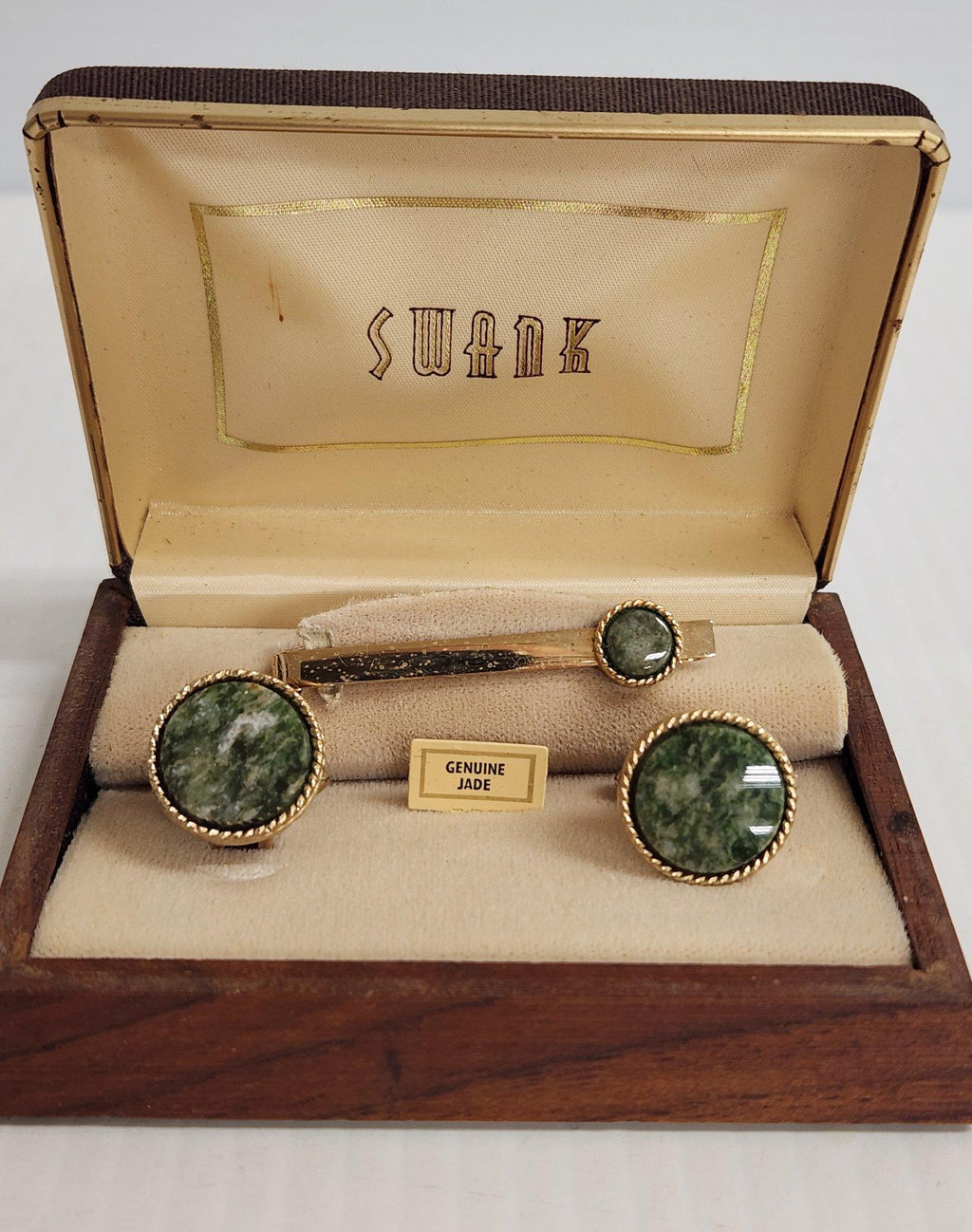 Swank Genuine Jade Cufflinks and Tie Bar Set Gold Tone