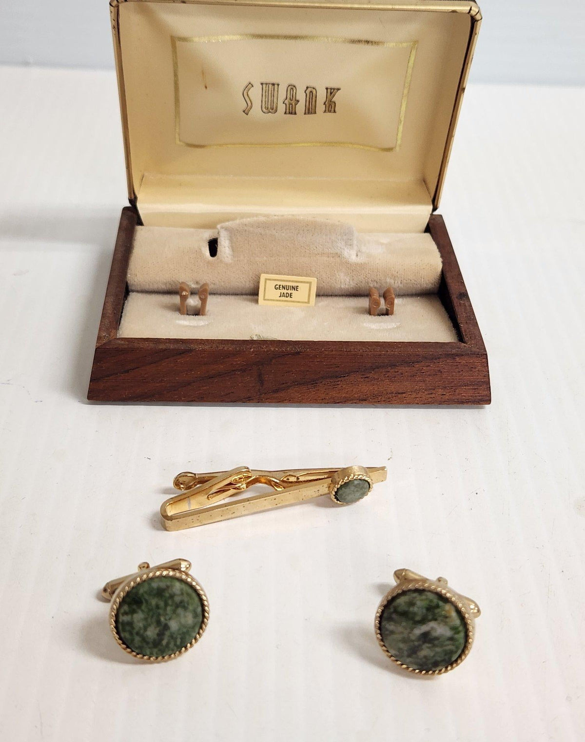 Swank Genuine Jade Cufflinks and Tie Bar Set Gold Tone