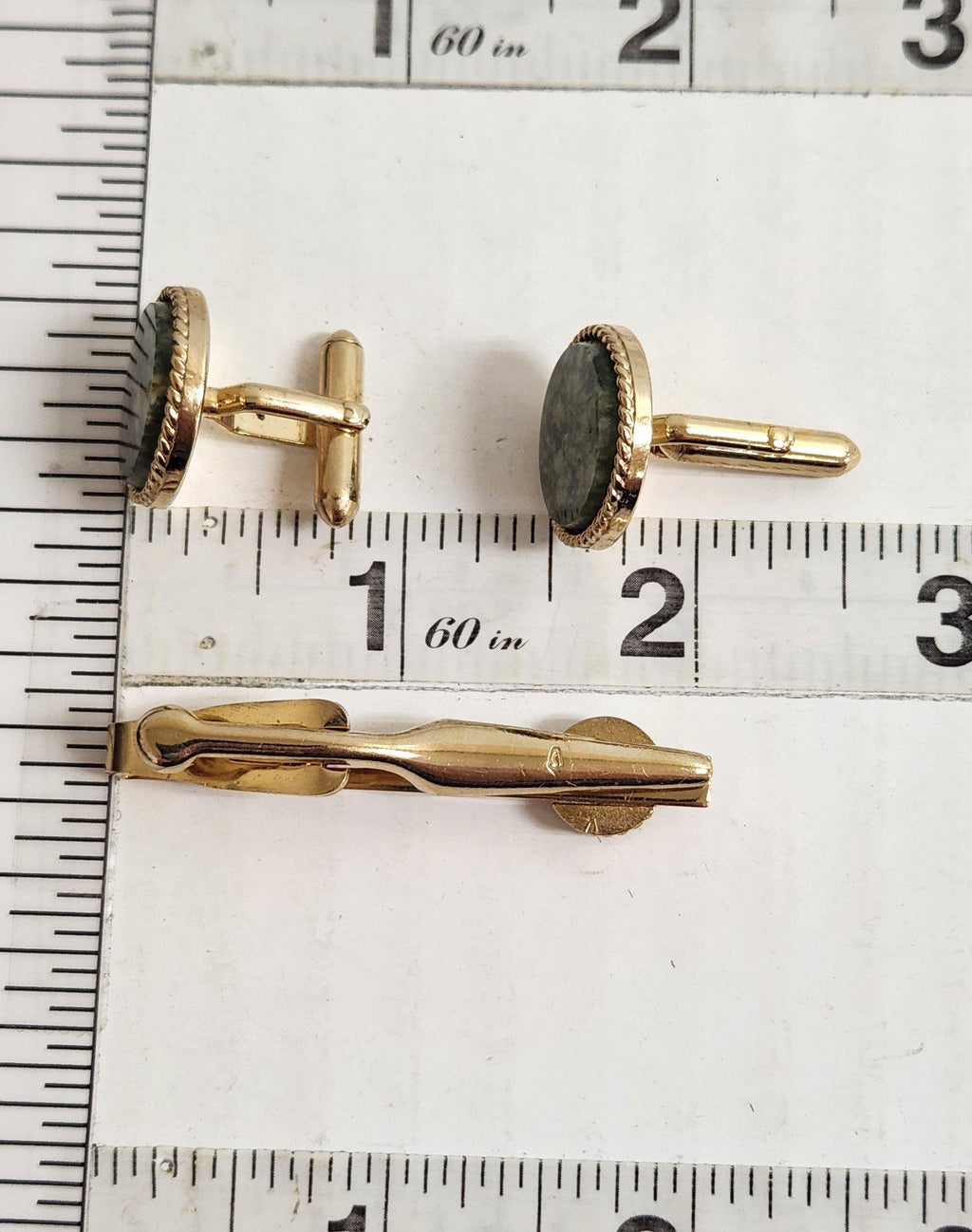 Swank Genuine Jade Cufflinks and Tie Bar Set Gold Tone
