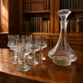 Vintage Etched Sailing Ship Decanter and 6 Stemmed Glasses