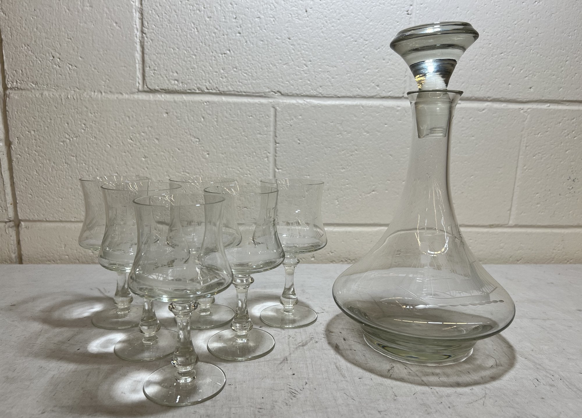 Vintage Etched Sailing Ship Decanter and 6 Stemmed Glasses