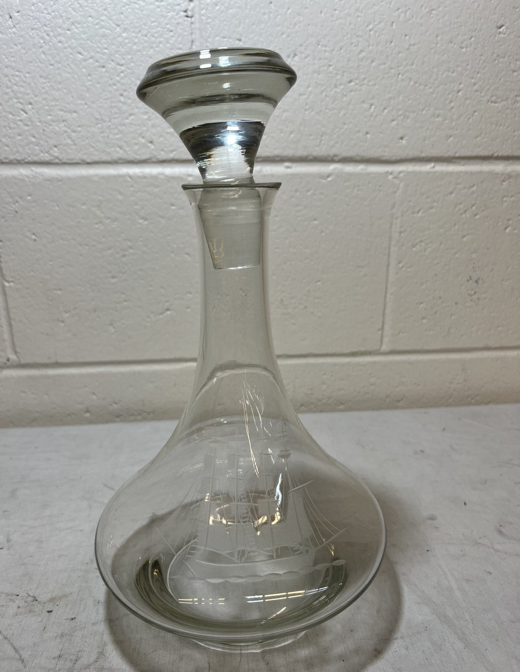 Vintage Etched Sailing Ship Decanter and 6 Stemmed Glasses