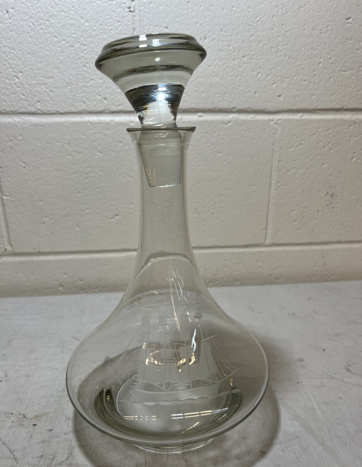 Vintage Etched Sailing Ship Decanter and 6 Stemmed Glasses