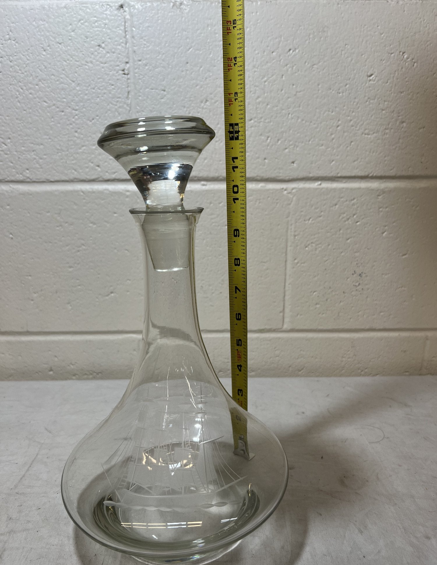 Vintage Etched Sailing Ship Decanter and 6 Stemmed Glasses