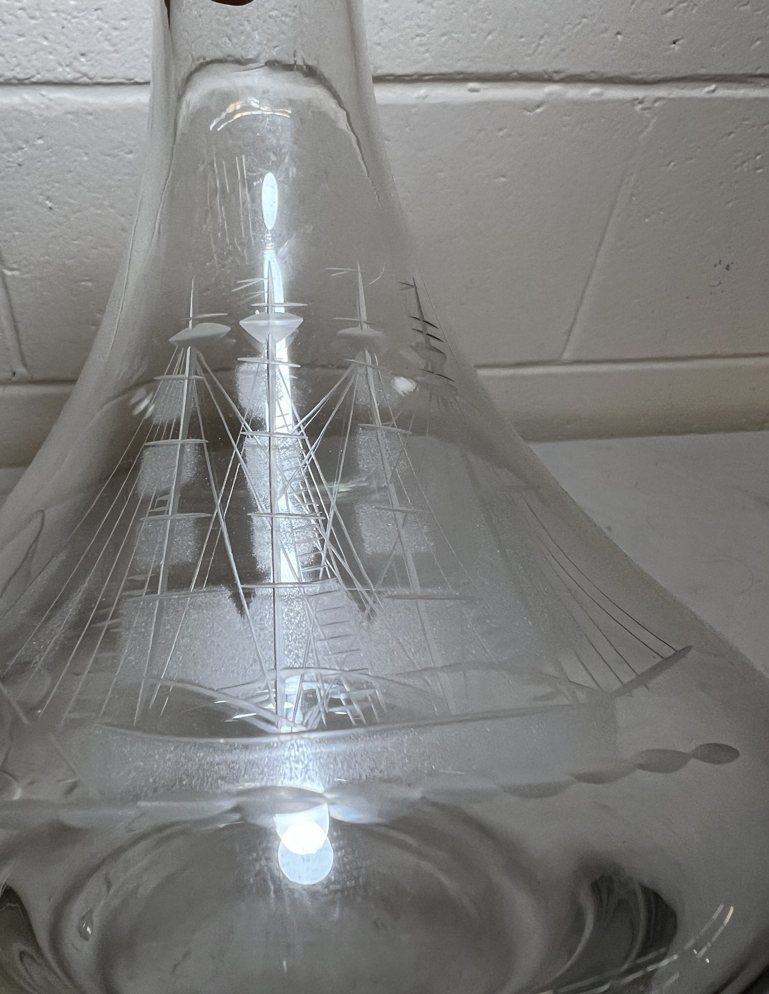 Vintage Etched Sailing Ship Decanter and 6 Stemmed Glasses