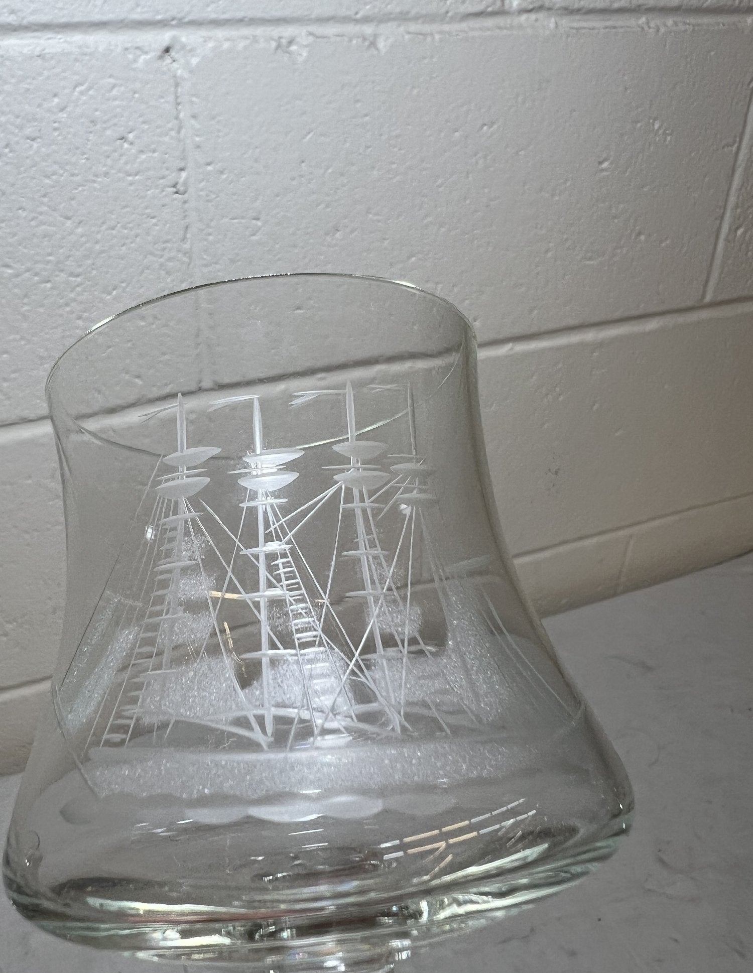 Vintage Etched Sailing Ship Decanter and 6 Stemmed Glasses