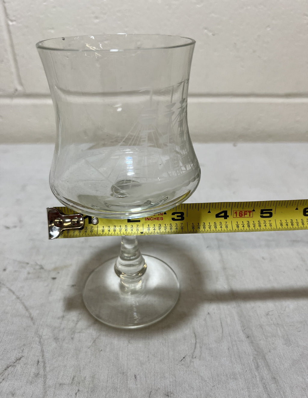 Vintage Etched Sailing Ship Decanter and 6 Stemmed Glasses