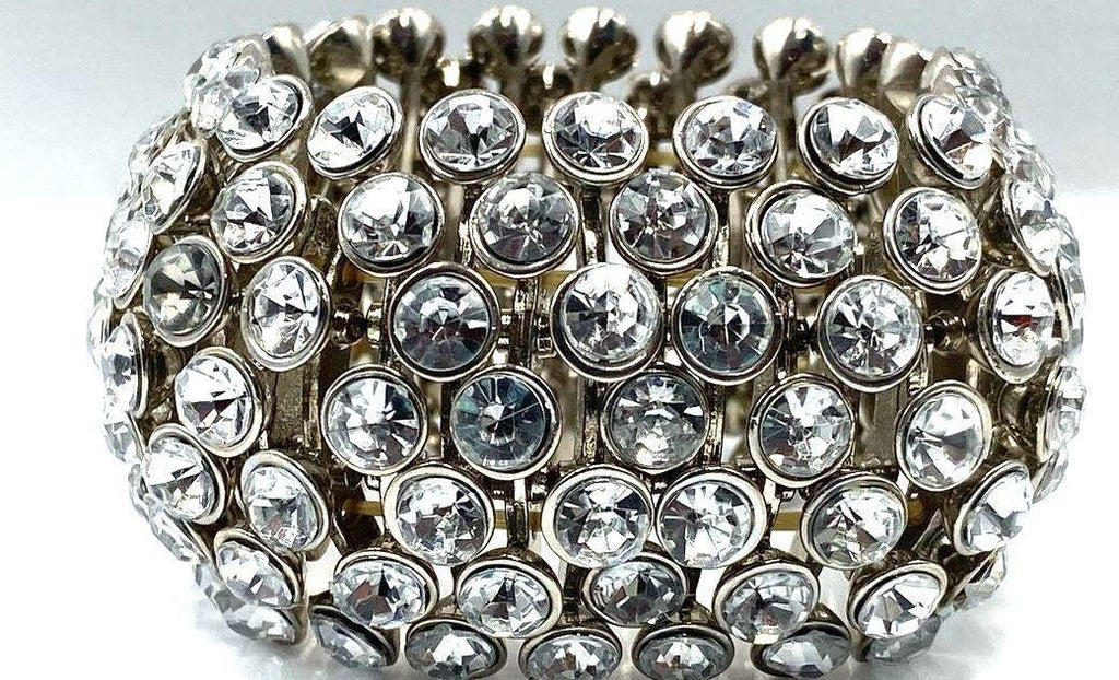 Vintage Fashion Silver Tone MM Statement Bangle Bracelet Bezel Cluster Elastic