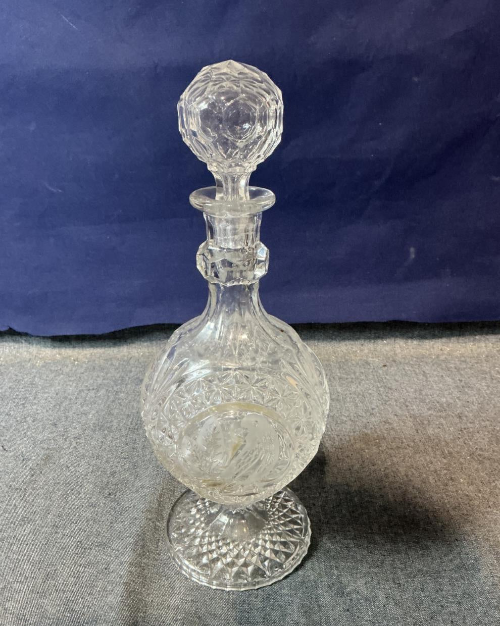 Cut Glass Decanter with Stopper and Bird Motif