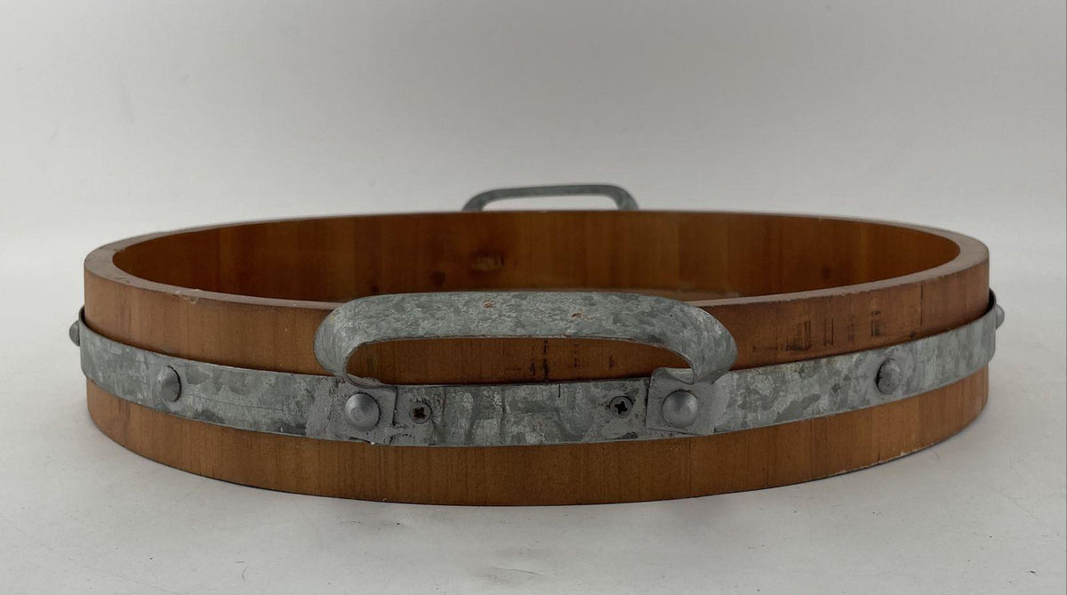 Round wooden barrel-head serving tray printed Highacre Vineyards with galvanized metal handles, view 7