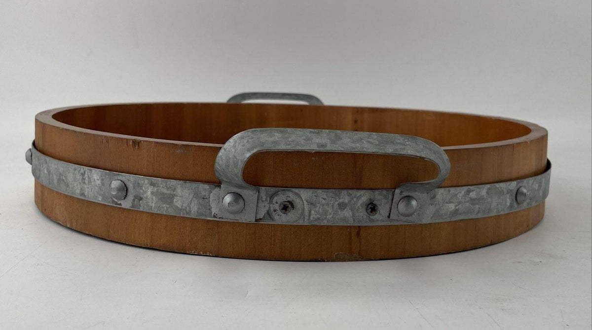 Round wooden barrel-head serving tray printed Highacre Vineyards with galvanized metal handles, view 9