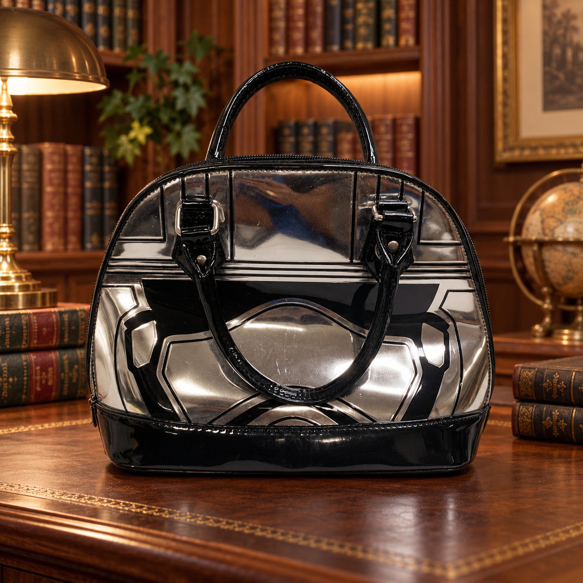 Loungefly Star Wars Captain Phasma chrome silver dome satchel with black patent handles