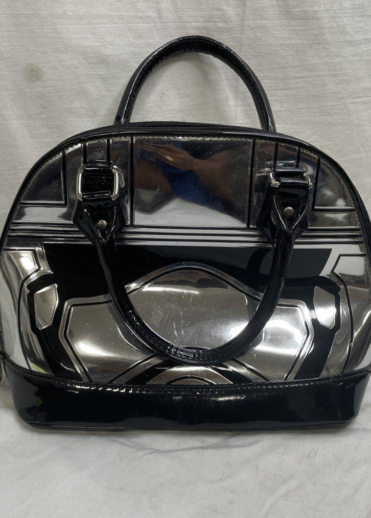 Loungefly Star Wars Captain Phasma chrome silver dome satchel with black patent handles, view 2
