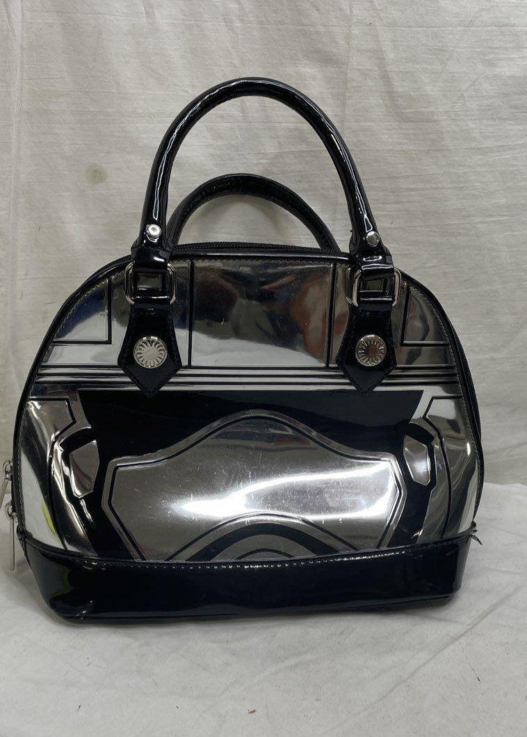 Loungefly Star Wars Captain Phasma chrome silver dome satchel with black patent handles, view 3