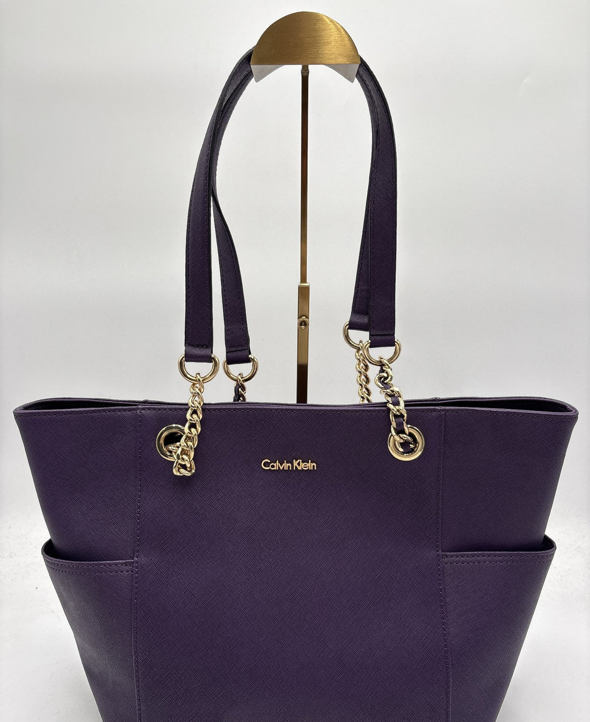 Calvin Klein plum purple saffiano-texture tote with gold-tone chain shoulder straps, view 2