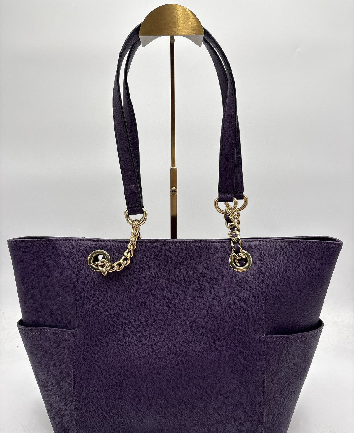 Calvin Klein plum purple saffiano-texture tote with gold-tone chain shoulder straps, view 3