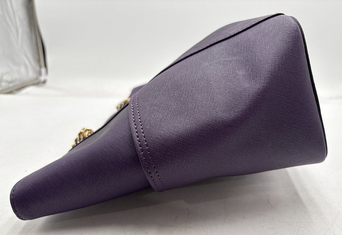 Calvin Klein plum purple saffiano-texture tote with gold-tone chain shoulder straps, view 4
