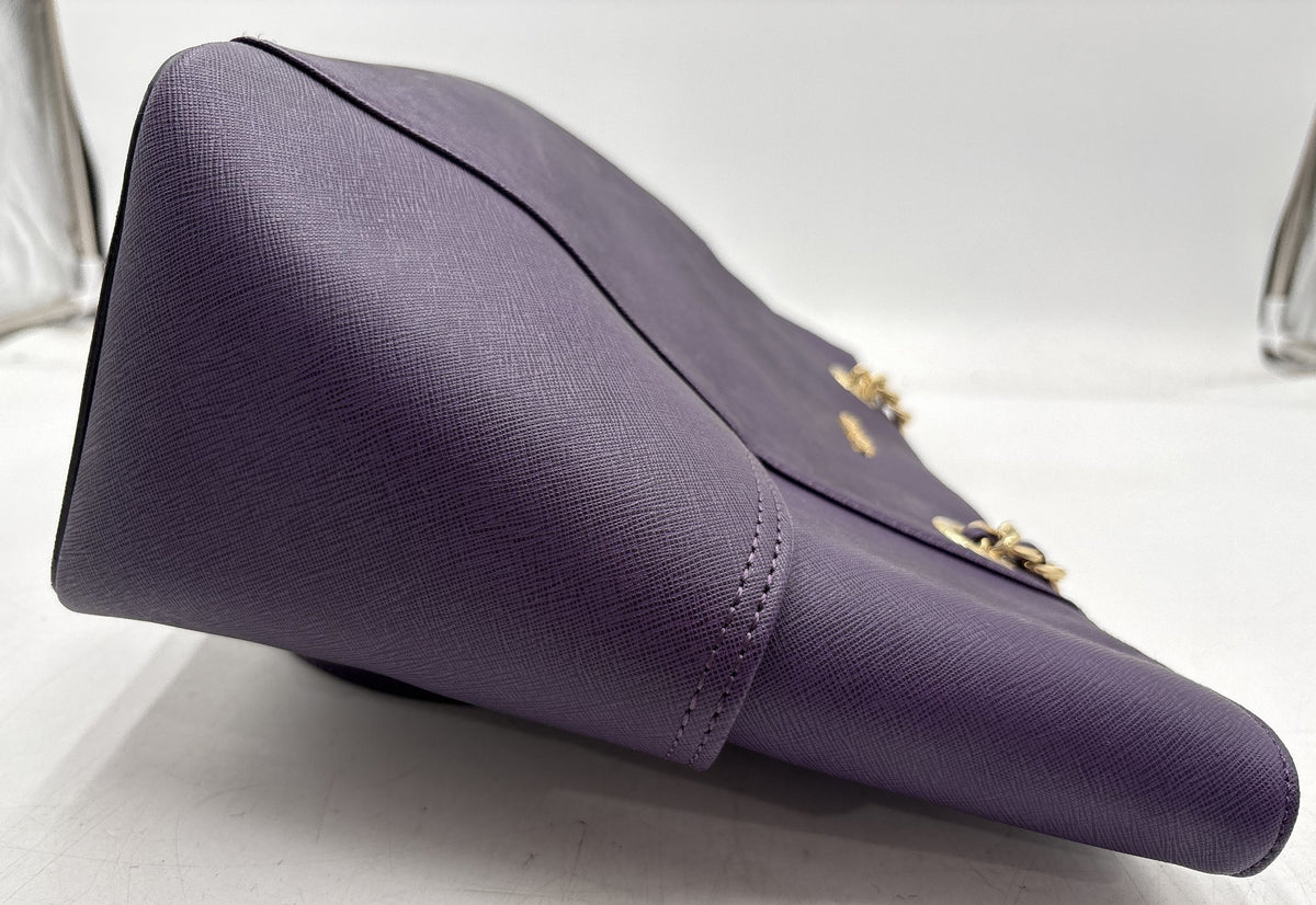 Calvin Klein plum purple saffiano-texture tote with gold-tone chain shoulder straps, view 5